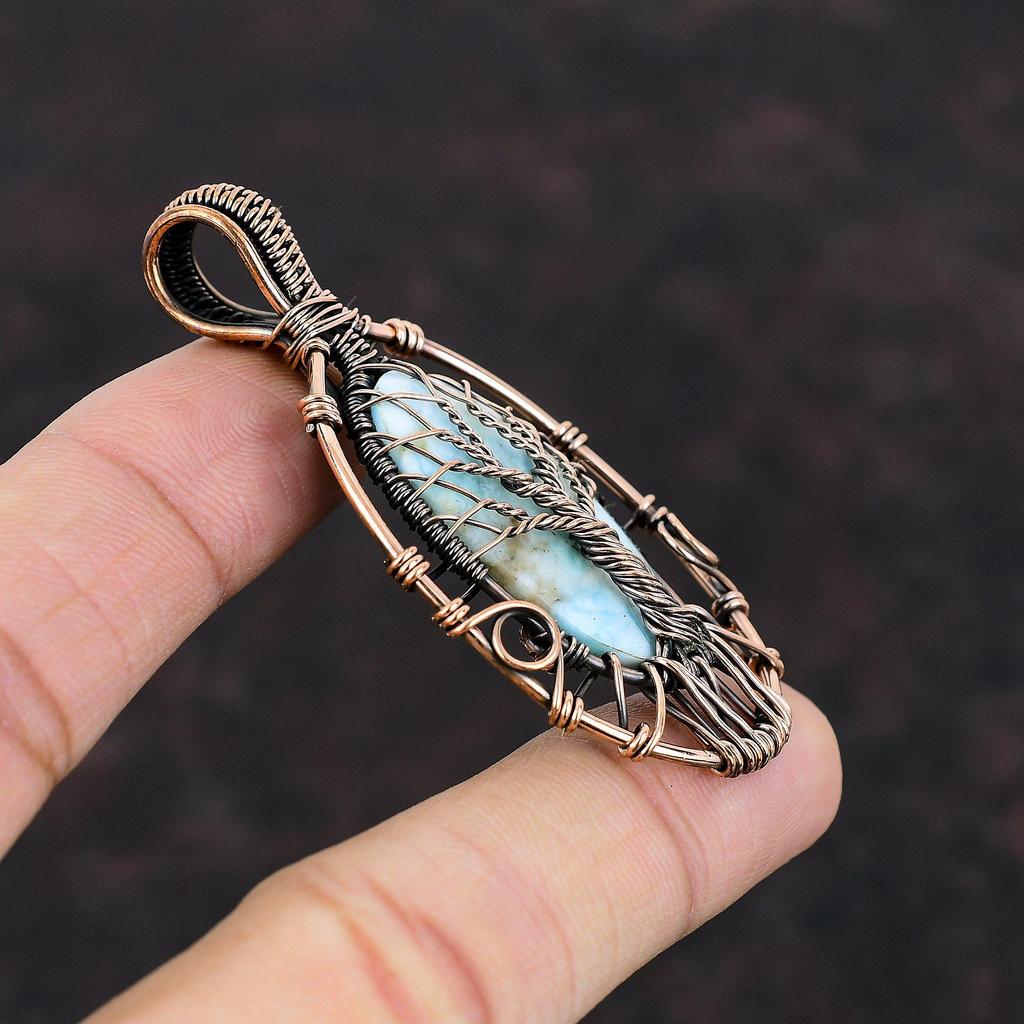 Pandantiv Larimar Arborele Vieții Piatră Prețioasă Bijuterii Înfășurate în Cupru Bijuterii din Sârmă de Cupru Bijuterii de Designer Handmade Cadou Pentru Ea Bijuterii Arborele Vieții
