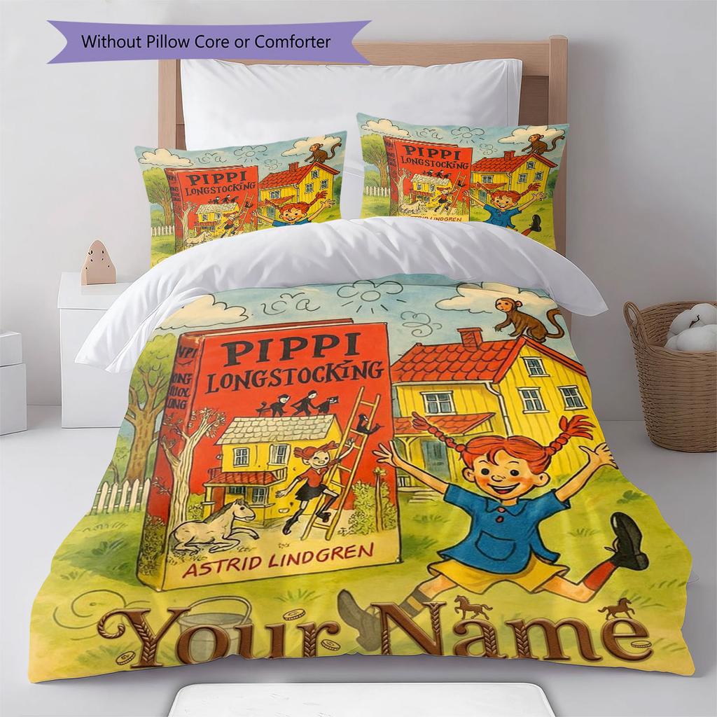 Pippi Longstocking Custom Name Pattern Bedding,Quilt Set Quilt Cover Pillowcase Home Birthday Gift(1 * duvet cover + 2 * pillowcase, without core)