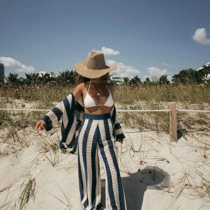 

Summer European and American Women s Clothing Elegant 2024 Fashion V-neck Hollow Stripes Shirt Loose Knitting Loose Pants Suit Blue XL