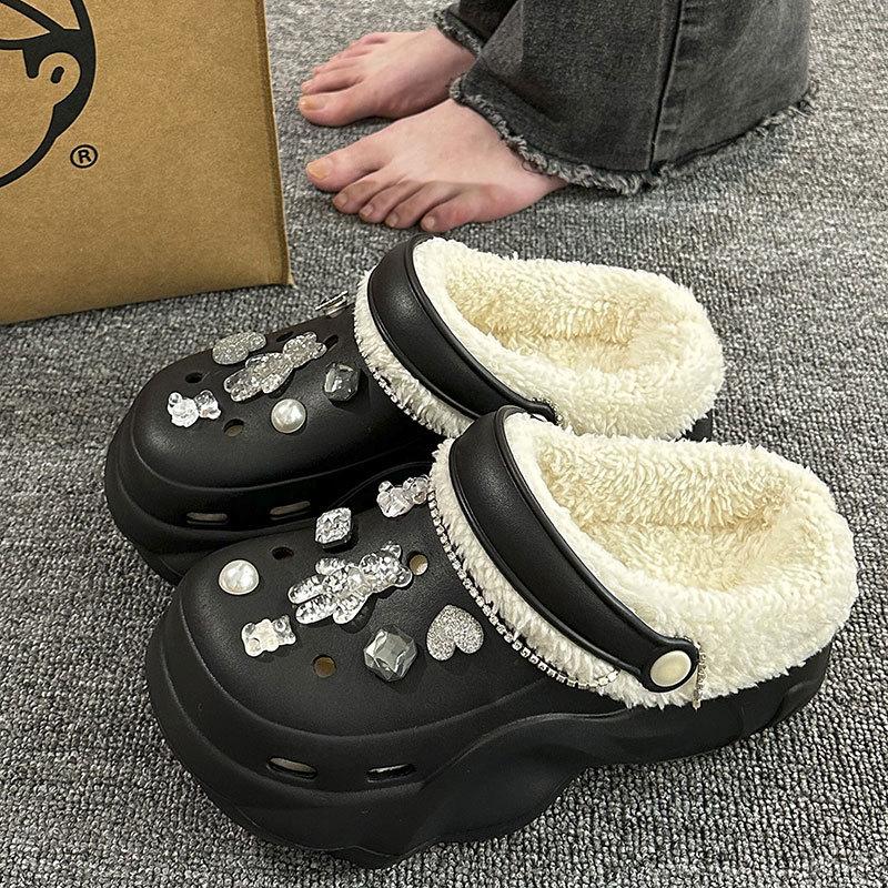 New velvet hole shoes women's winter non-slip outer wear cotton shoes heightened thick-soled home removable cotton slippers