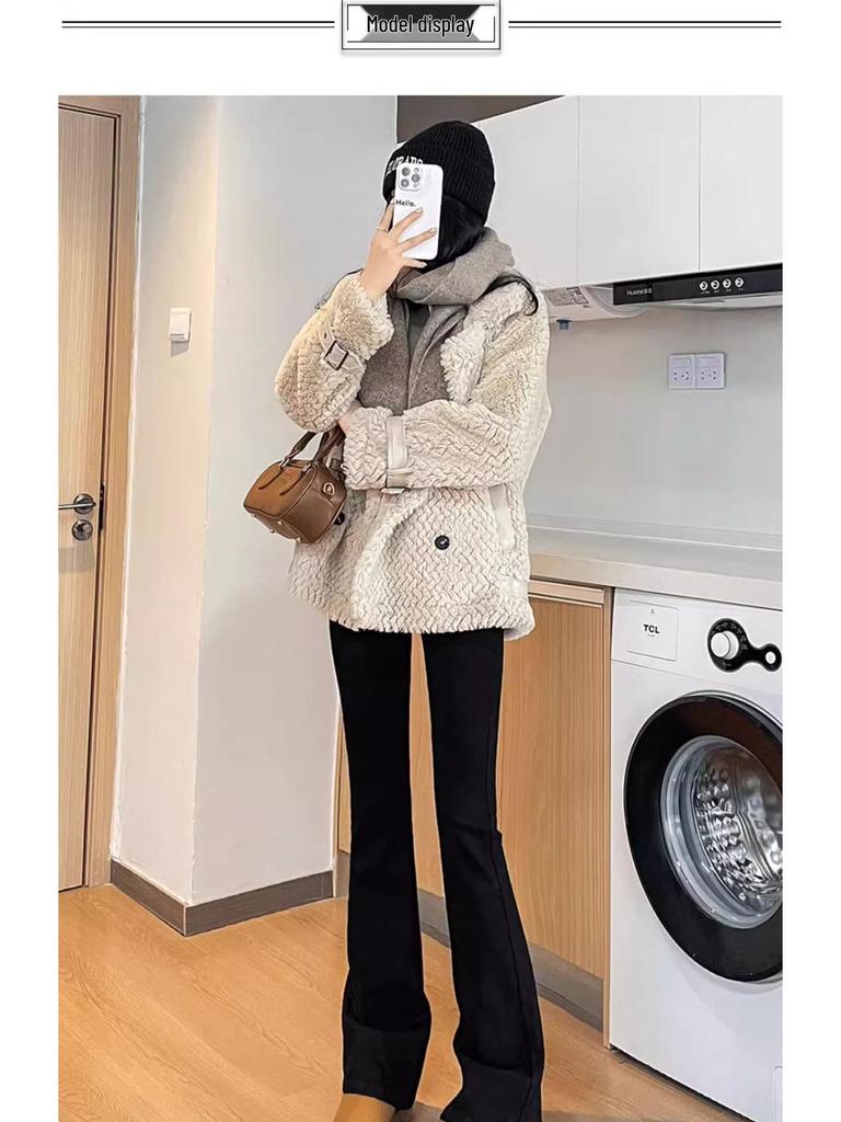 Women's Fleece-Lined High-Waisted Black Flared Denim Pants - 2025 Autumn/Winter Trend