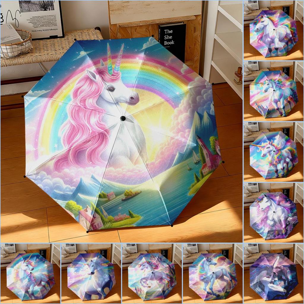 1pc Dreamy Rainbow Unicorn Umbrella Portable Folding Umbrella Iron Frame Hole Bone Structure Outdoor Home Umbrella