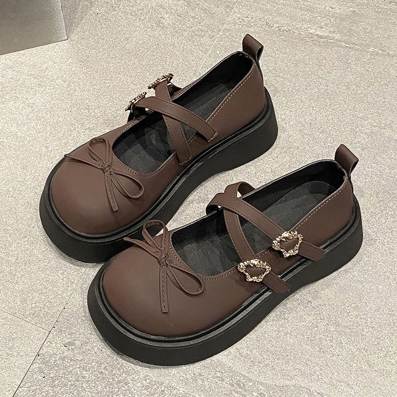 Brown bow platform Mary Jane shoes women's spring 2025 new retro college style jk versatile small leather shoes