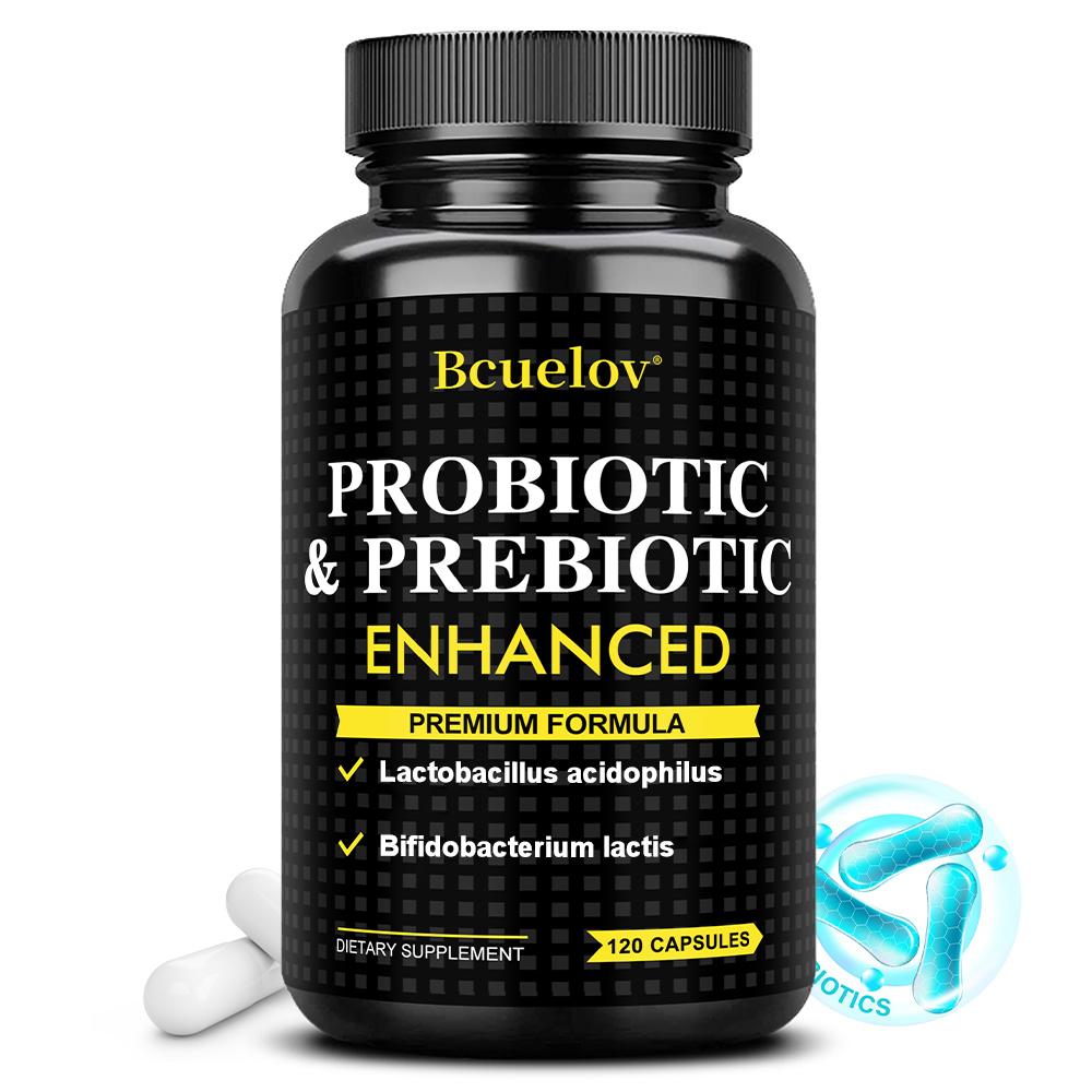 Bcuelov Probiotics and Prebiotics Capsules, containing 440 million live bacteria, 120 capsules.