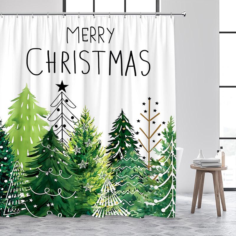 Blue Christmas Tree Shower Curtain Winter Snowflake Pine Trees New Year Christmas Bath Curtains Fabric Bathroom Decor With Hooks
