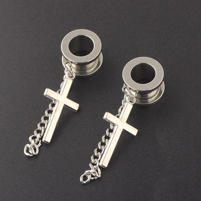 2 pezzi Flesh Tunnel 6-25MM Tappi per le orecchie e tunnel in acciaio inossidabile Croce pendente Piercing espansione Gioielli per il corpo allungati