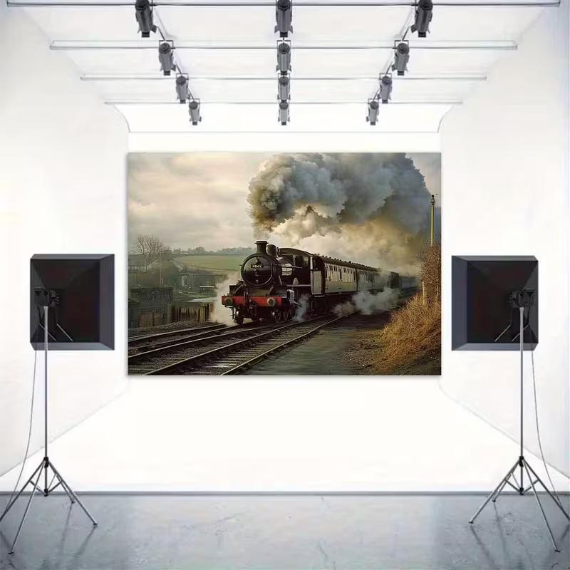 2D Black Steam Locomotive Backdrop Old Countryside Railway Photo Booth Background