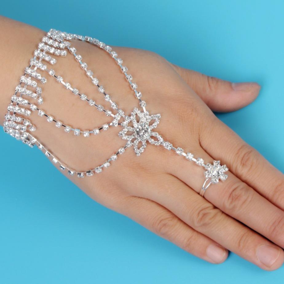 Elegant Women's Rhinestone Chain Bracelet with Connected Ring Design