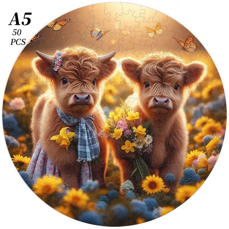 Non-Toxic Beautiful Highland Cow Animal Wooden Puzzle For Adults Children Wood Jigsaw Crafts Shaped Birthday Gift Toys Puzzle