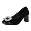 Fashion Single Shoes New Women's Four Seasons Square Toe Light Suede Rhinestone Color-block Block Heel All-match High Heels