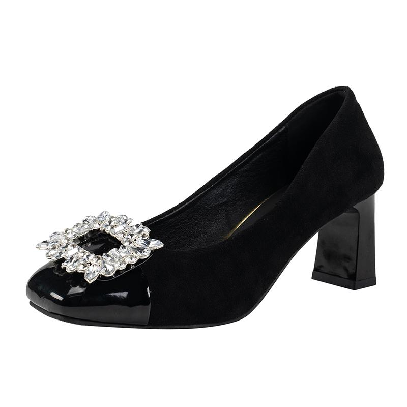 Fashion Single Shoes New Women's Four Seasons Square Toe Light Suede Rhinestone Color-block Block Heel All-match High Heels