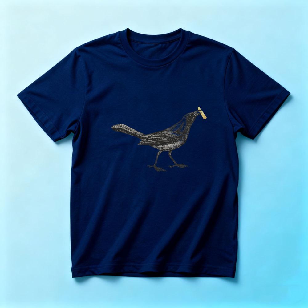 Funny Crow With French Fry Graphic Tshirt Unisexs Casual White Vintage Sketch Bird Print Short Sleeve Cotton Tee Quirky Streetwear