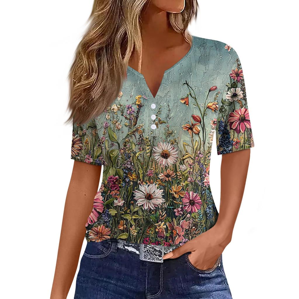Women's T Shirt Tee Print Button Short Sleeve Daily Weekend Fashion Basic V- Neck Regular Top