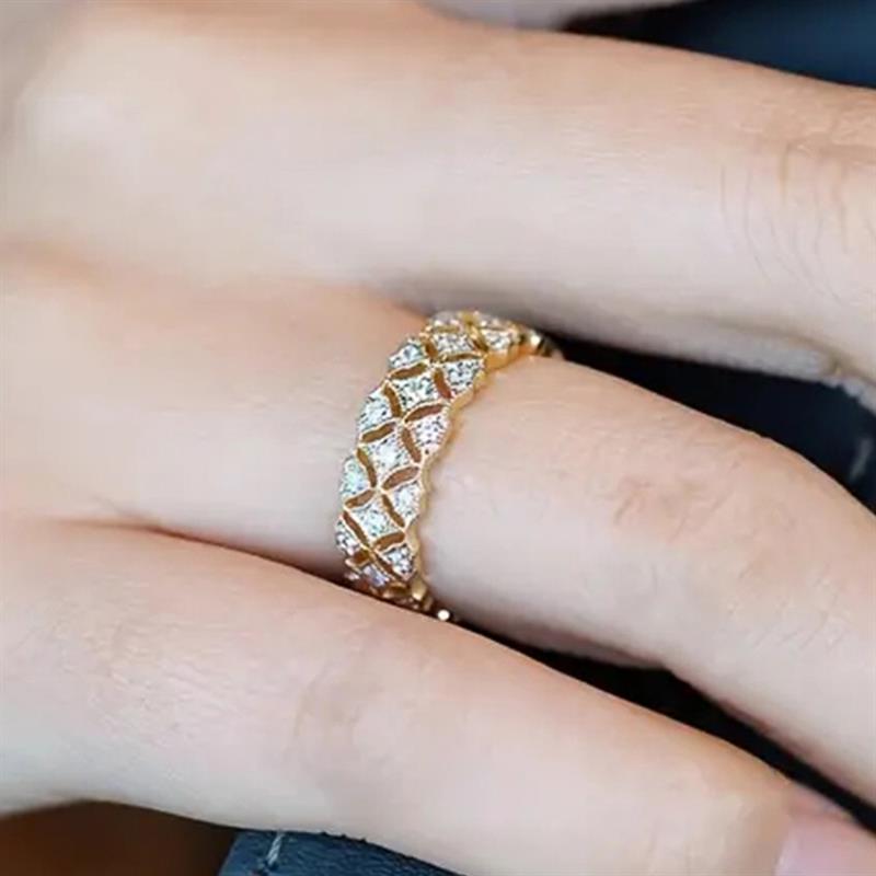 Huitan Hollow Geometric Women Ring Gold Color Noble Fashion Accessories Inlaid Shining Cubic Zirconia Elegant Versatile JewelryGood product