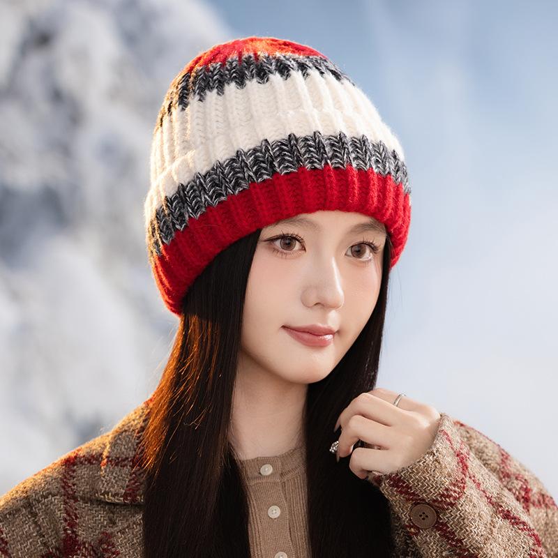Winter Hat Women's Colorful Striped Crocheted Knitted Hat, Ear Protectors, Warm and Piled Thickened Cold-proof Wool Hat