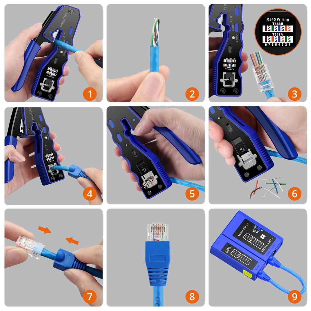 Proster RJ45 Crimping Tool, CAT6A, CAT6, CAT5E Compatible, LAN Tester, Through-Type Crimping Tool, Crimping Pliers, Crimping Cut During Crimping, Comp