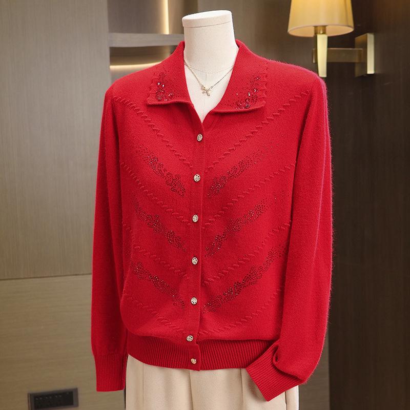 Elderly Women's Pure Wool Knitted Cardigan, Loose Plus Size Outerwear for Spring and Autumn