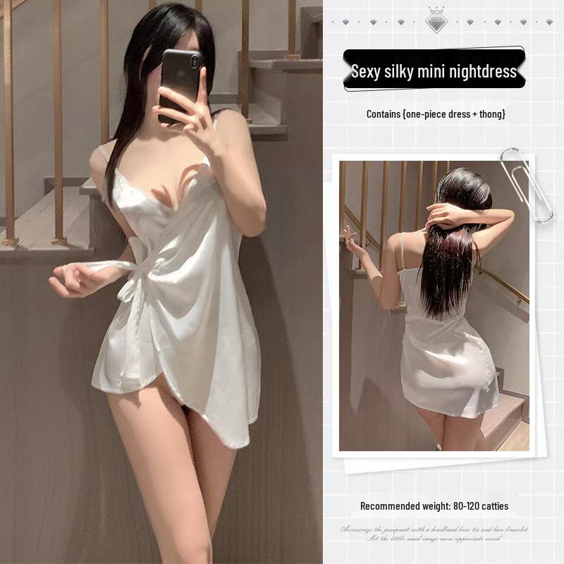 Satin Lace-Up V-Neck Nightdress with Summer Ice Silk - Temptingly Hot and Purely Desirable Sleepwear