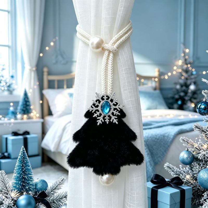 Adjustable Christmas Tree Curtain Tieback Exquisite Plush Snowflakes Curtain Rope Decorative With Ball Pendant