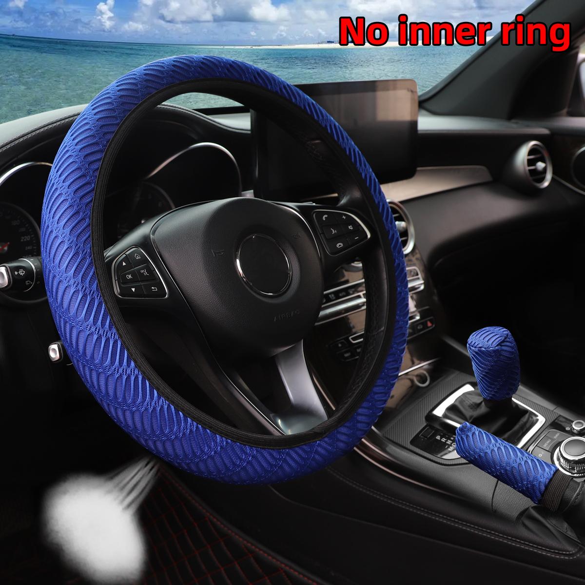 

3PCS 3D Grid Fabric Car Steering Wheel Cover And Handbrake Gear Shift Cover - Breathable And Comfortable without Inner Ring синий