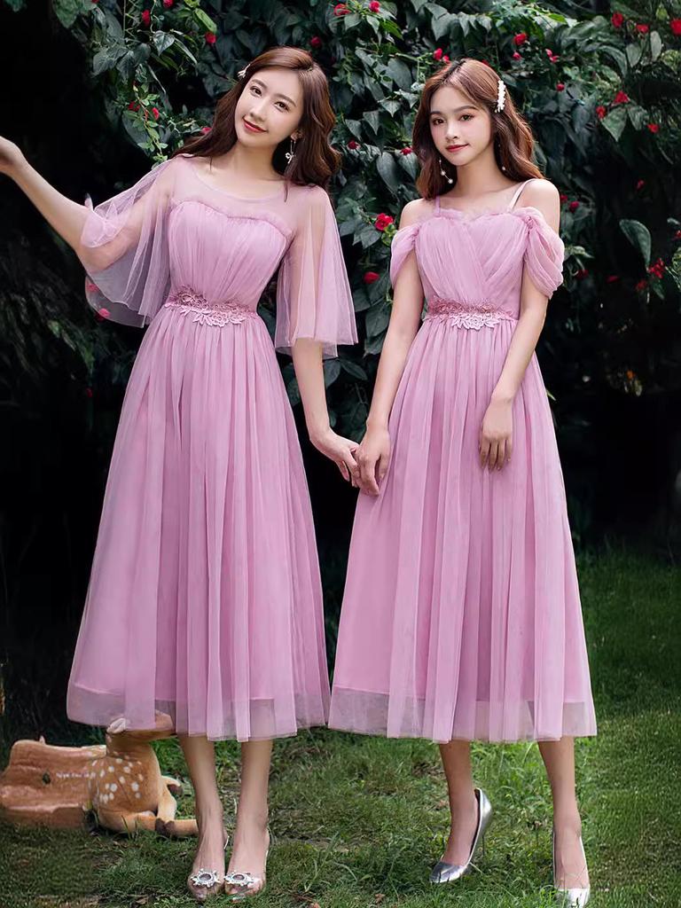 2025 New Off-the-Shoulder Bridesmaid Dress: Mid-Length, Slimming, with Fairy Charm for Special Occasions.