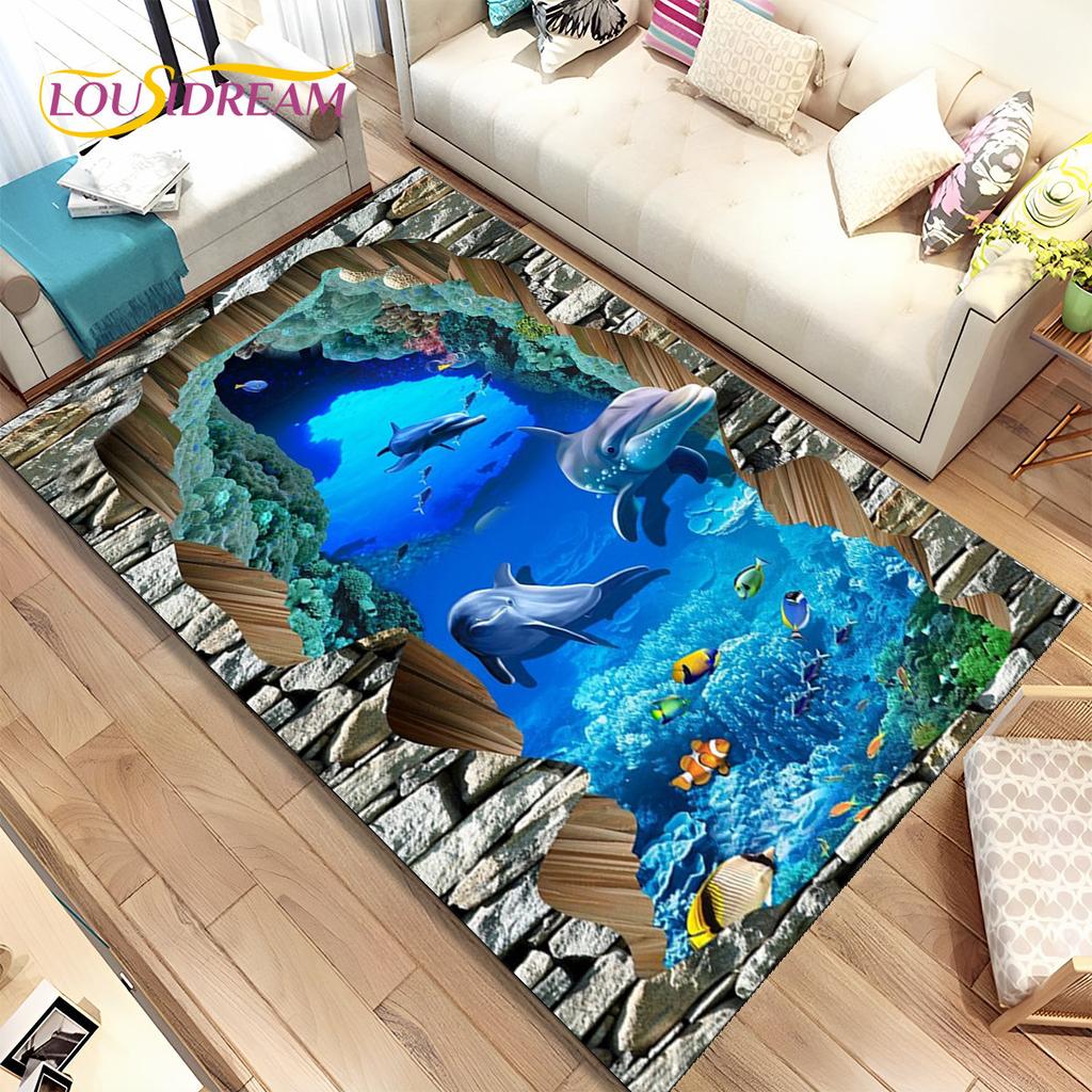 3D-Illusion, Meeresboden, Unterwasserwelt, Delfin, Hai, Teppich, Teppich für Wohnzimmer, Schlafzimmer, Sofa, Fußmatte, rutschfeste Bodenmatte