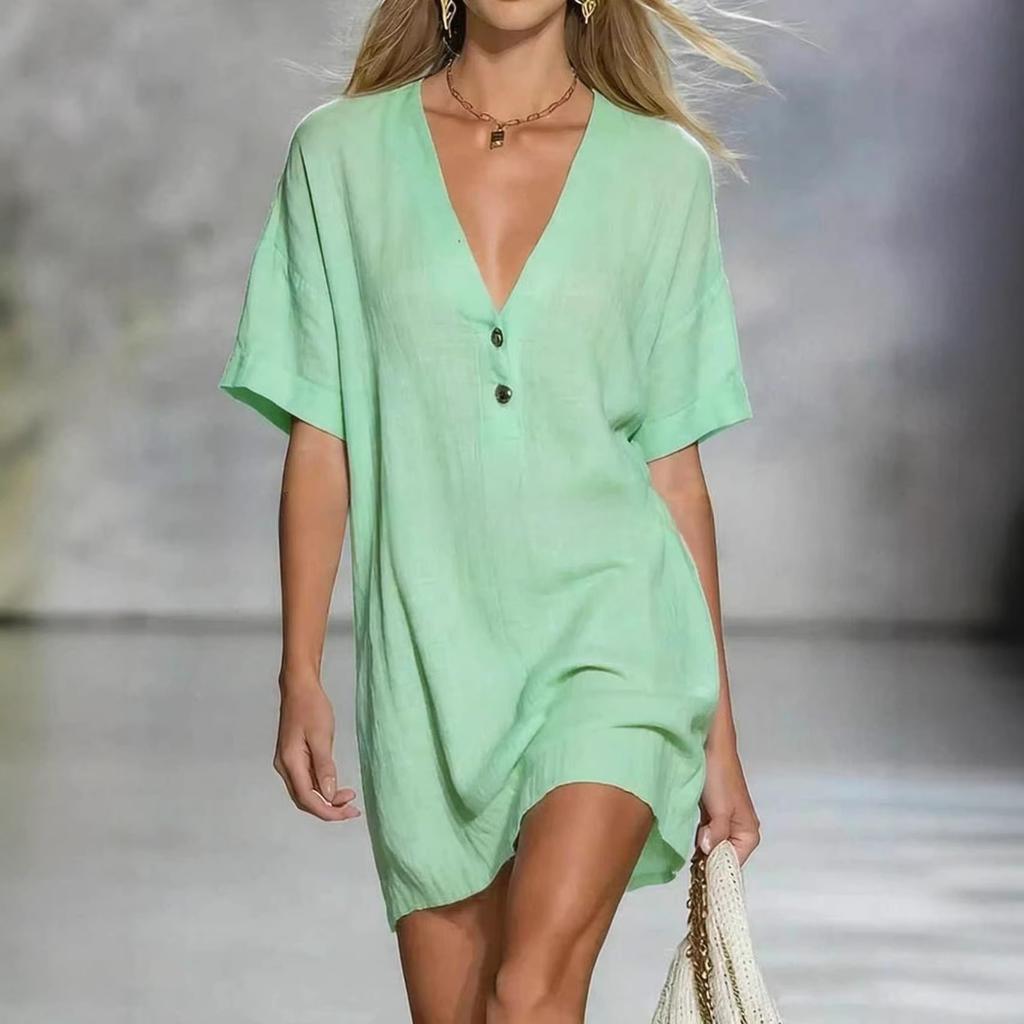 Abito estivo da donna in cotone e lino, scollo a V, manica corta, bottoni, vestibilità larga, casual, alla moda, mini abito per uso quotidiano, vacanze, abbigliamento da spiaggia
