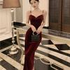 Velvet Dress Women's Morning Inside Temperament Socialite Medium and Long Suspender Skirt Pleated Waist Hip Skirt