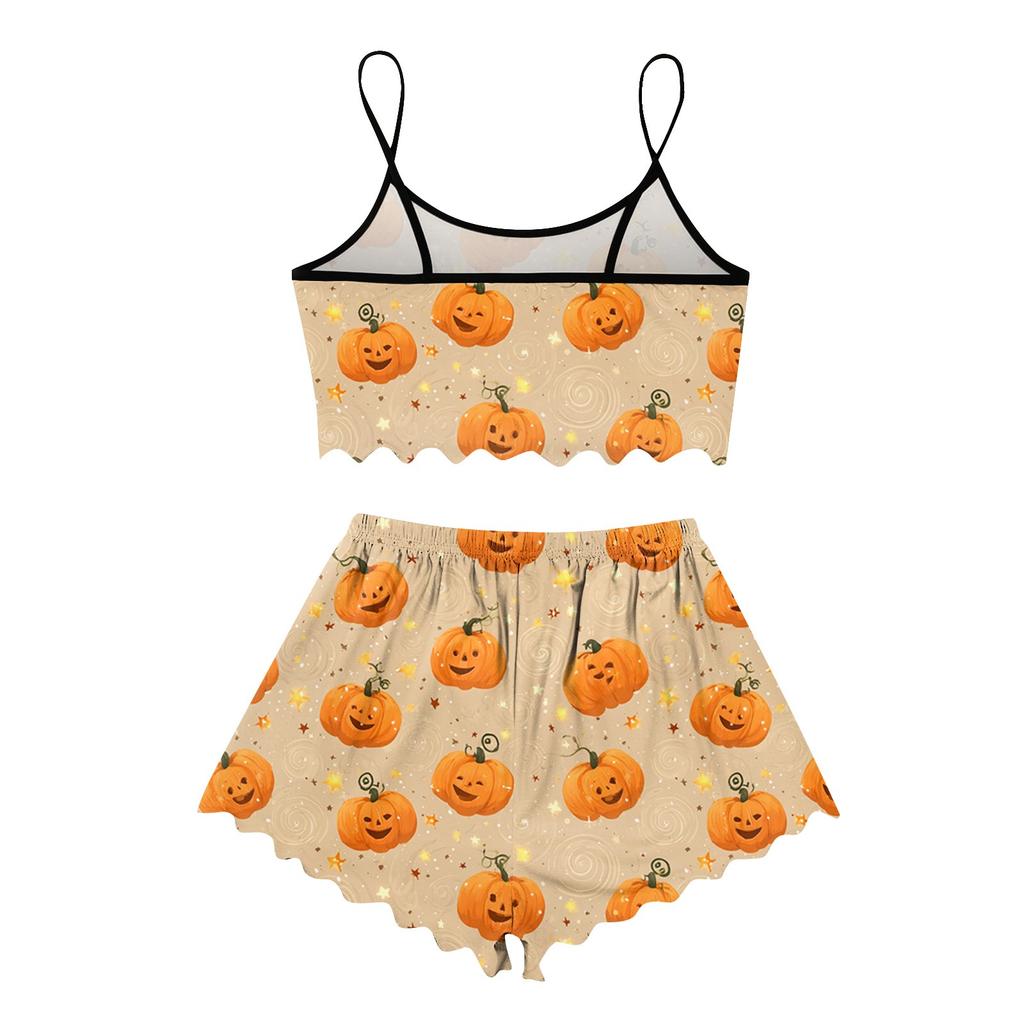 Women's Halloween Set With Retro Floral Print Suspender Sleeveless Vest Shorts Pajama Set