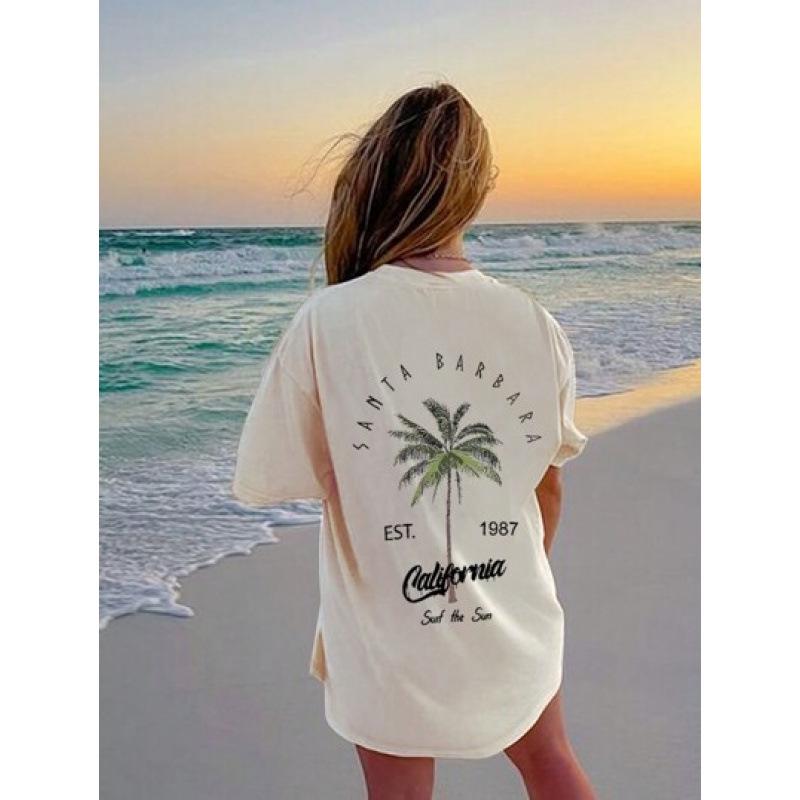 Women's Coconut Tree & Letter Print Drop Shoulder Tee