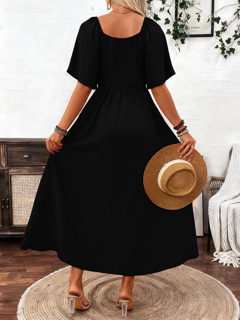 New Arrival 2025: Solid Color Square Neck Slimming Dress with Flutter Sleeves