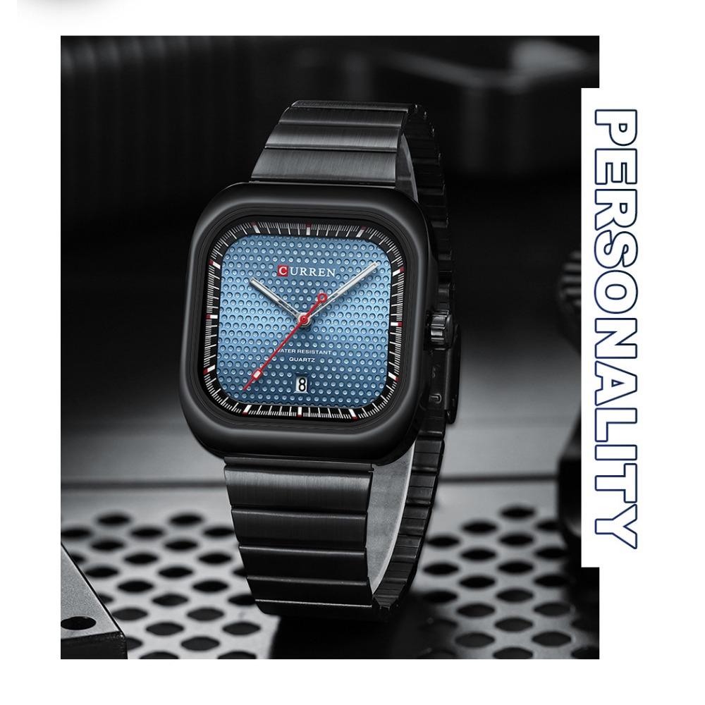 CURREN Simple Business Square Quartz Watches Casual Stainless Steel Bracelet Wristwatch with Auto Date for Men