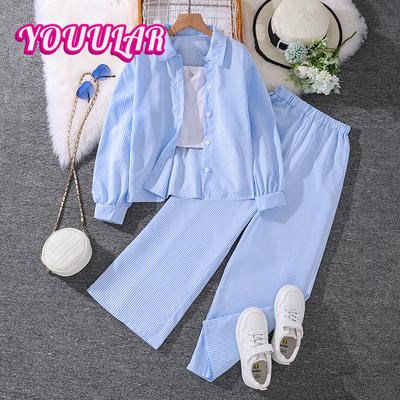 Nouvel ensemble de printemps pour enfants (7-12 ans) - Ensemble 2 pièces chemise à manches longues rayée et pantalon
