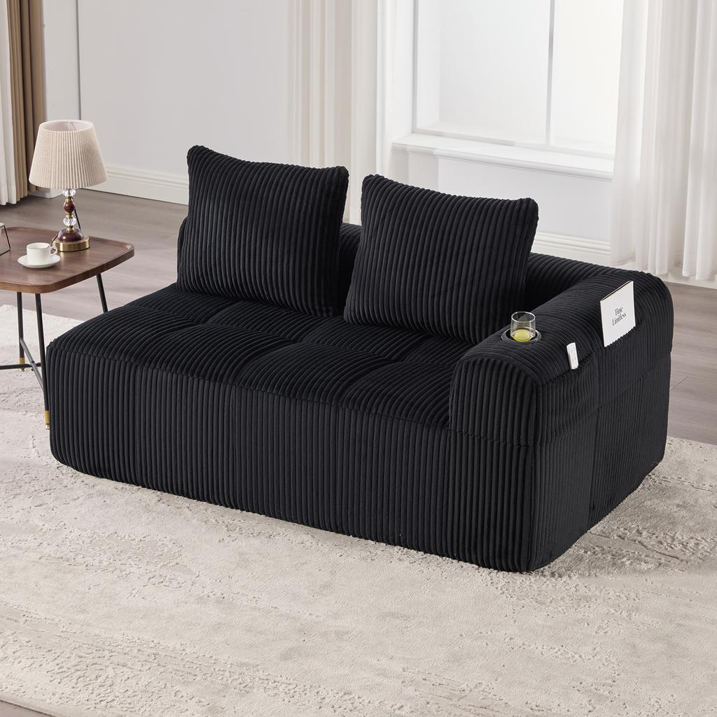 Cozy Corduroy Two-Seater Sofa – No Assembly, Soft Back Cushions, Side Storage Pocket for Remote Control and Phone, Cup Holder – Neat and Aesthetic.