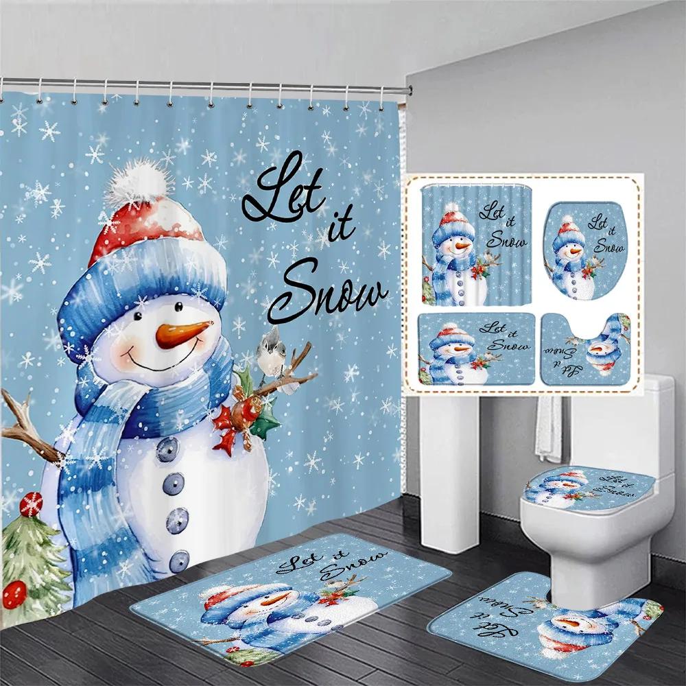 Winter Weihnachten Duschvorhang Set Niedlicher Blauer Schneemann Xmas Geschenk Wald Zeder Schnee Neujahr Badezimmer Deko Duschvorleger Toilettenbezug