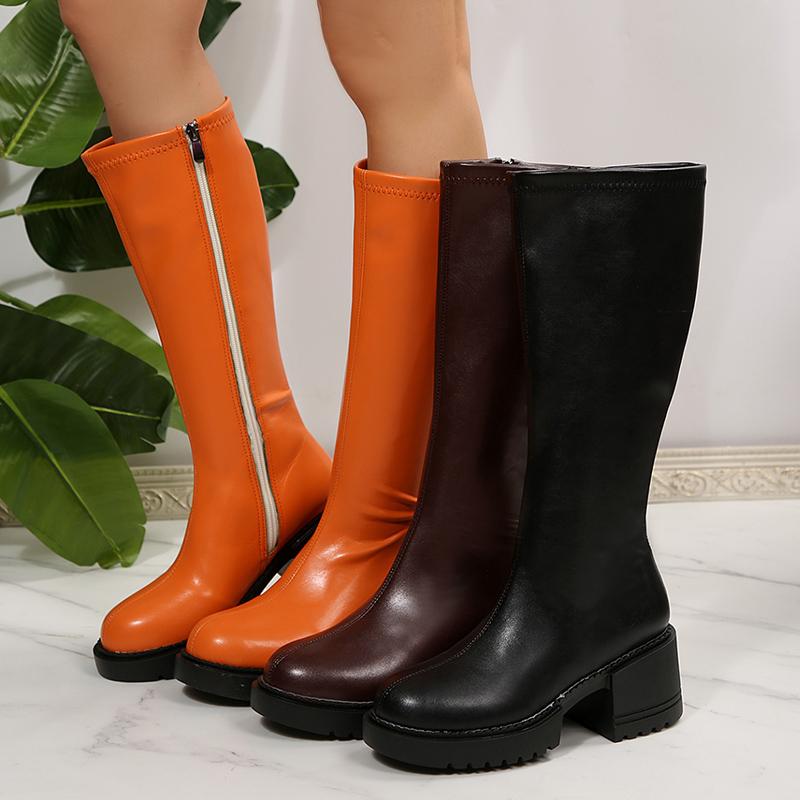 Módní dámské kozačky po koleno Módní nadměrné velikosti 35-42 Silné podpatky Rytířské boty Dámské 2025 Boční zip Pu kůže Dlouhé Botas Mujer