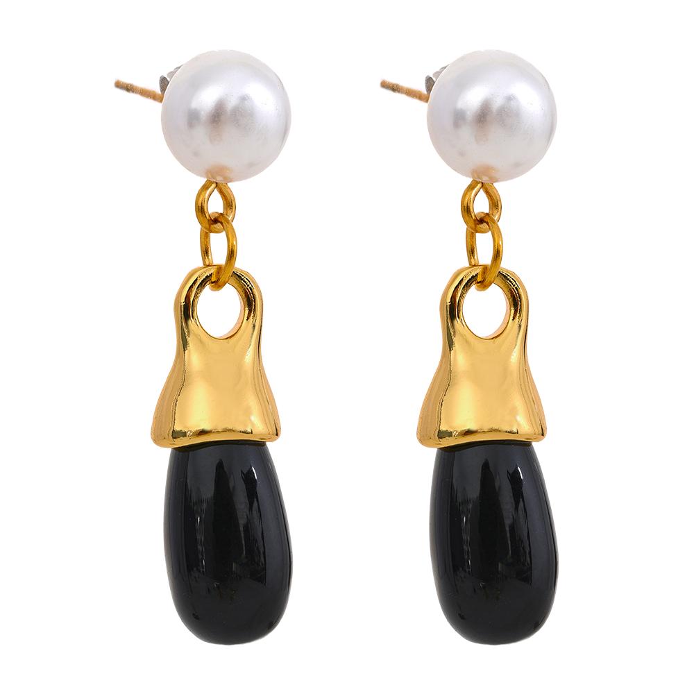 

Yhpup Vintage Imitation Pearls Stainless Steel Black Crystal Geometric Drop Earrings Fashion Temperament Jewelry Gala Gift