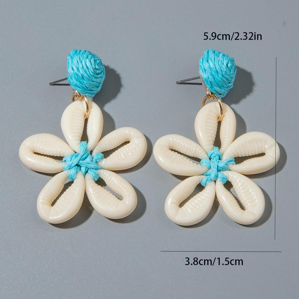 Fashionable and Minimalist Lafite Resin Shell Woven Flower Earrings for Women's Jewelry Suitable for Island Vacations, Beach Parties, Earrings