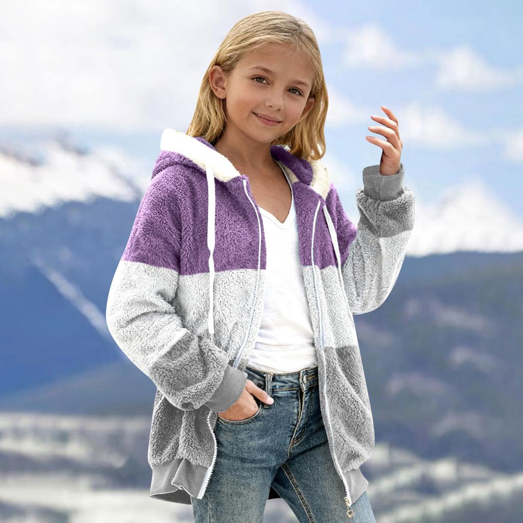 Children's Fashion Color Medium Large Children's Zipper Long Sleeve Hoodie Color Blocked Plush Warm Coat