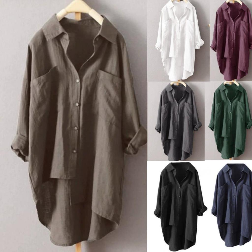 Women's Casual Cotton Linen Cardigan Shirt - Solid Color, Double Pocket, Long Sleeve, 7 Colors, 8 Sizes