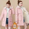 Hooded trench coat medium and long spring and autumn new winter velvet thickened cotton-padded coat cotton-padded jacket women's fashion trend