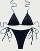 Women's Swimsuits Black Halter Neck Side Tie Split Swimsuit Bikini Set Beachwear Bathing Suits