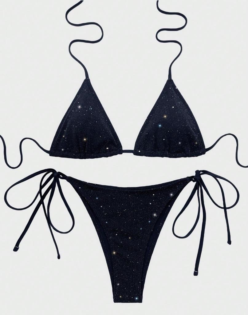Women's Swimsuits Black Halter Neck Side Tie Split Swimsuit Bikini Set Beachwear Bathing Suits