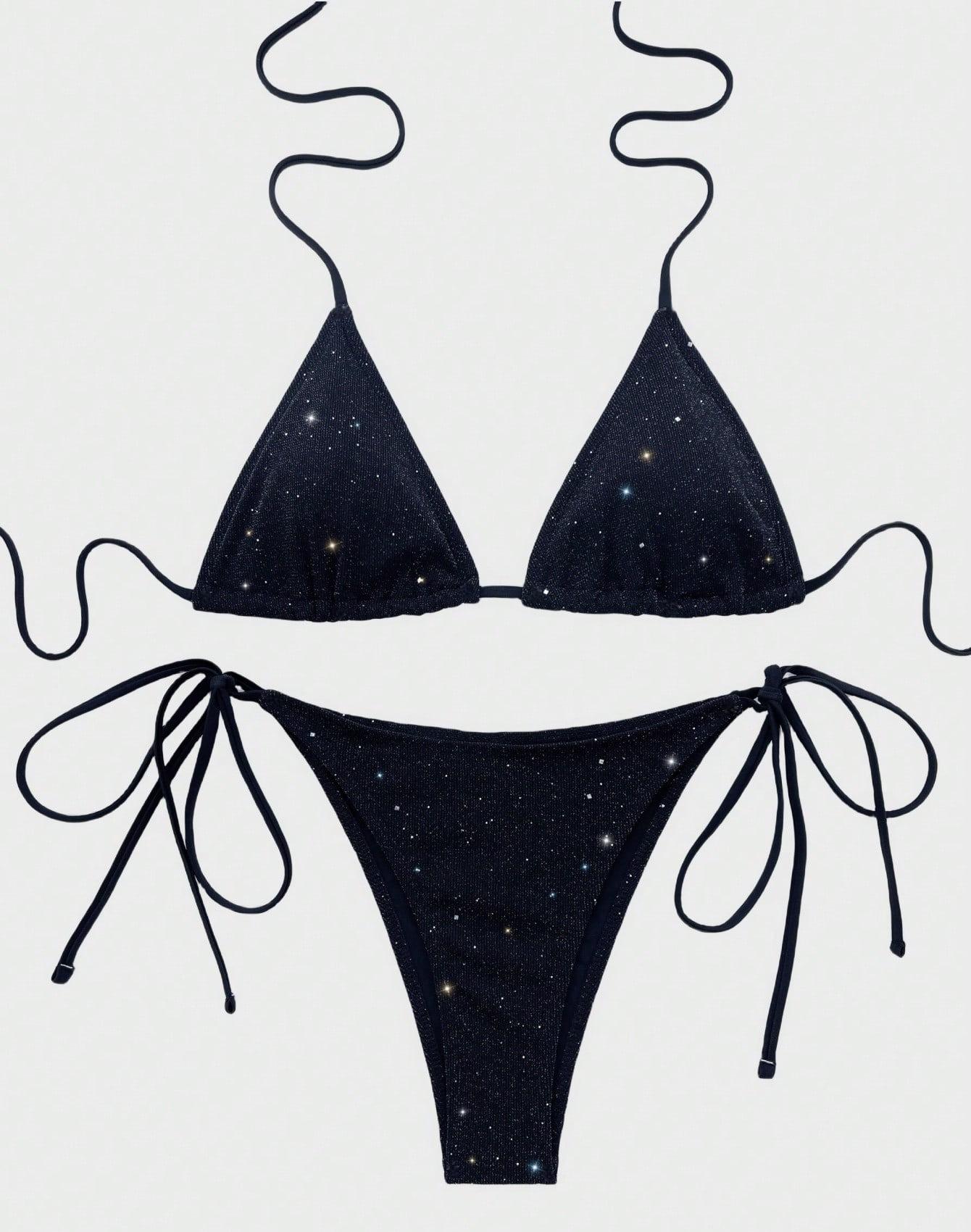 

Женские купальники Черный халтер ворот завязки сбоку Раздельный купальник бикини комплект пляжная одежда купальные костюмы M чёрный