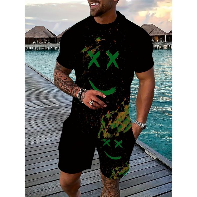 Summer Men's Colorful Happy Printed Fashion Sports Set - Comfortable T-shirt and Shorts