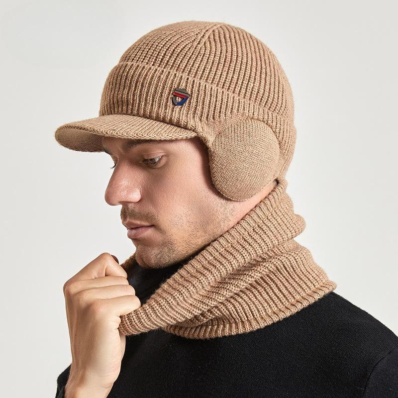 Winter warm ear protection hat scarf set plush wool hat men's European and American pullover knitted hat