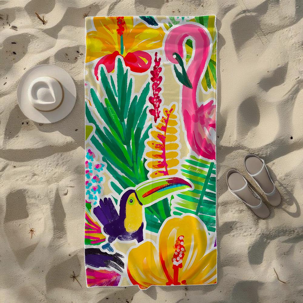 Watercolor Tropical & Flamingo Beach Towel, Soft Quick-Drying, Perfect For Portable Outdoor Travel, Camping And Summer Beach