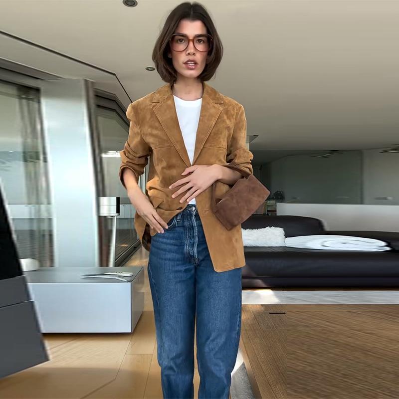 Dámská semišová bunda s klopovým límcem, jednoradové zapínání, khaki, s dlouhým rukávem, sako, módní na dojíždění, větruodolná, teplá bunda, podzim 2025