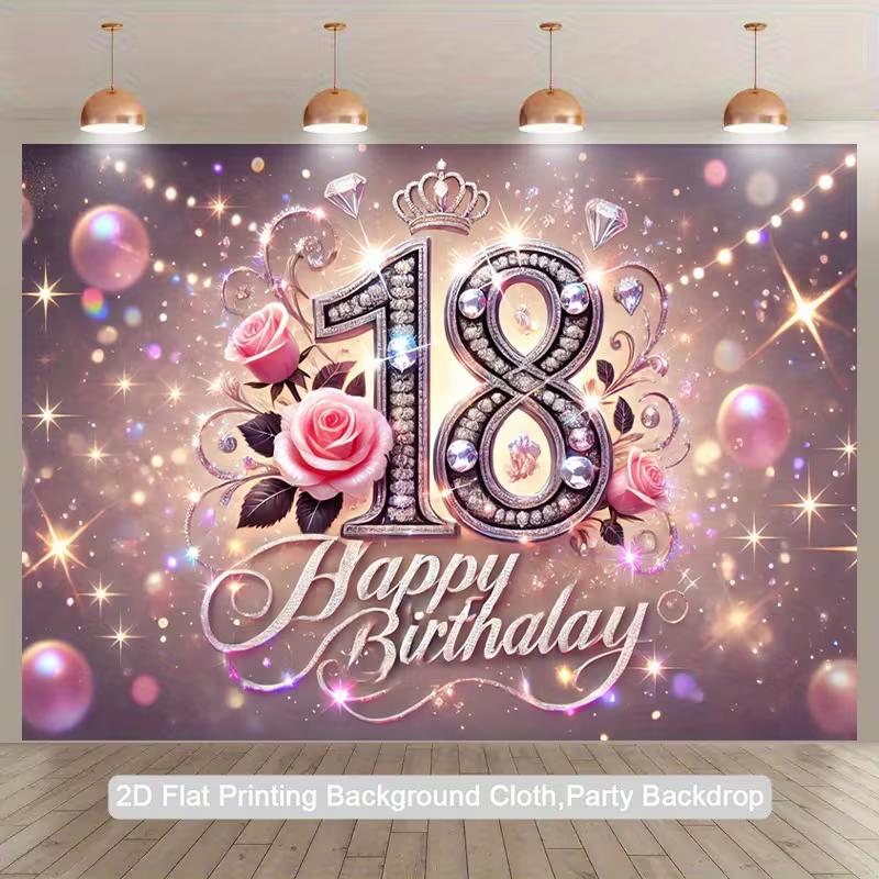 2D Pink Glitter 18th Birthday Backdrop with Crown & Rose for Photoshoot