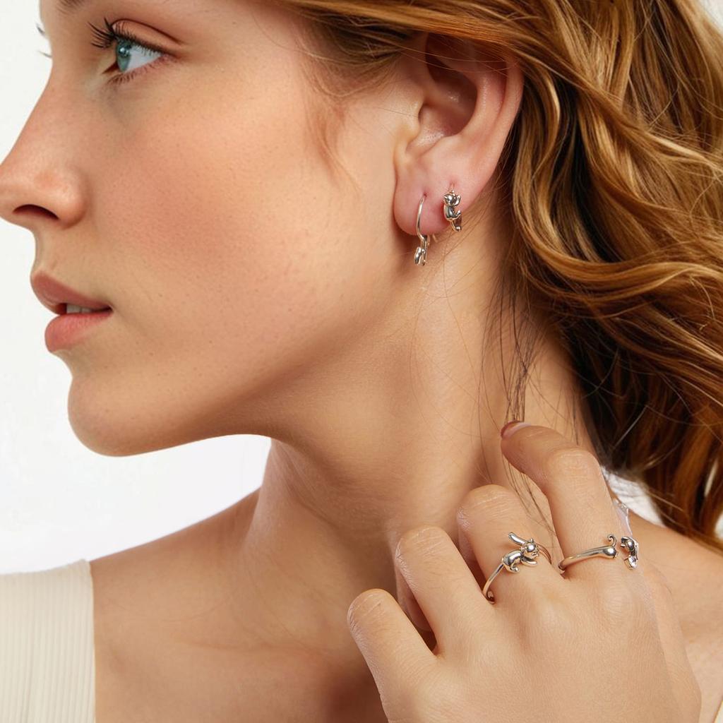 Silver Adjustable Ring, Charming Cat with a Long Tail, Silver 925